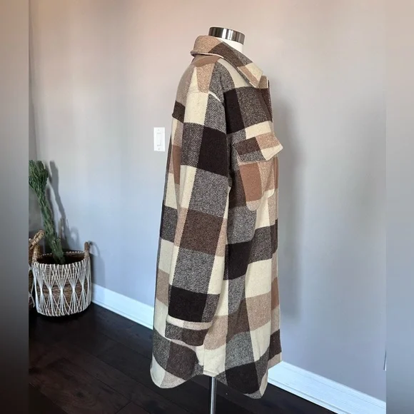 Boutique Shaket Long Patch Pocket Shirt-Jacket Ivory Brown Check Plaid LG NWOTs - Picture 4 of 10